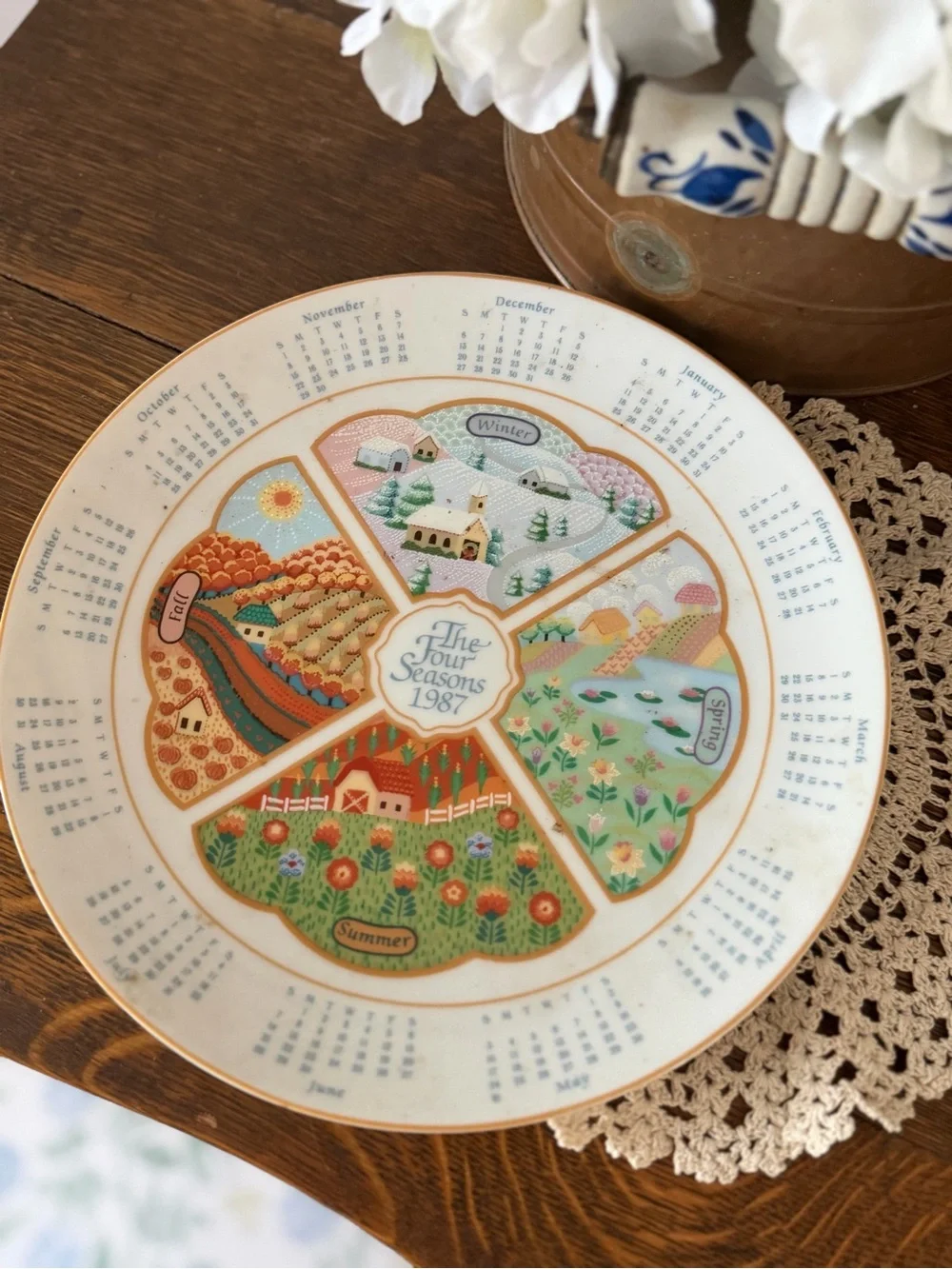 Avon Four Seasons 1987 Decorative Plate - Green, Blue, Orange, Cream, Pink, Gold